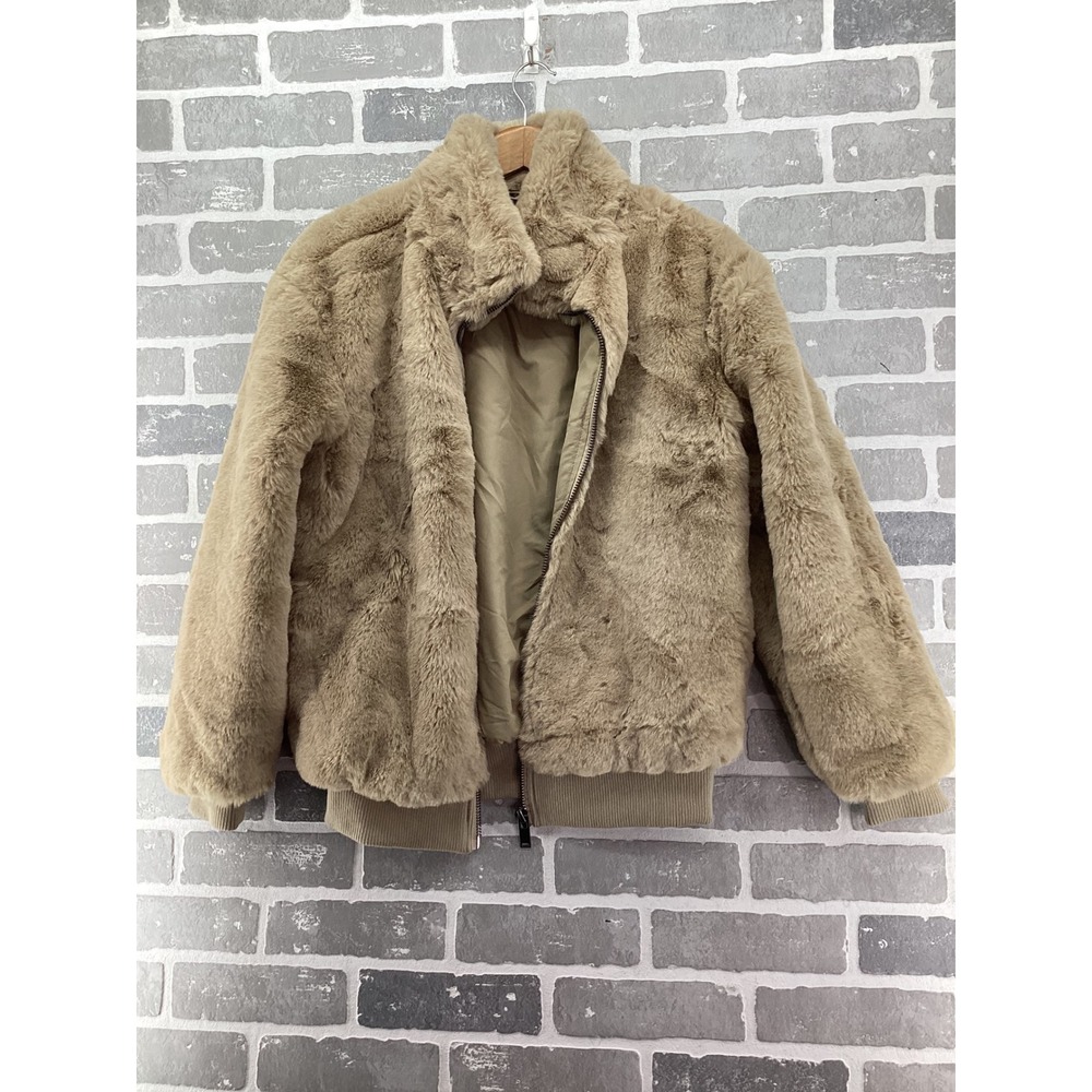 Truth by Republic Faux Fur Bomber Jacket Tan Beige Size M Full Zip Ribbed Trim